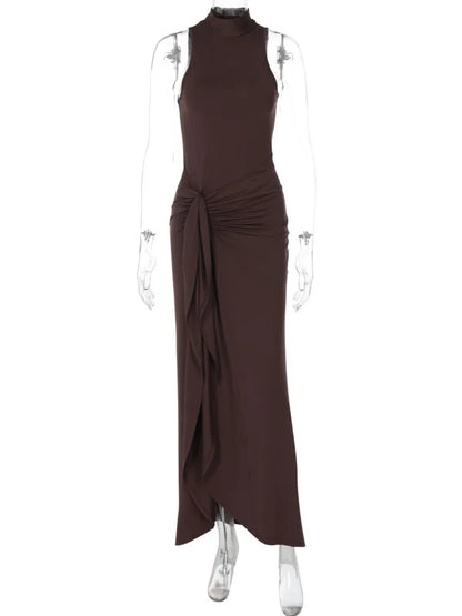 Women Ruched Maxi Split Dress Elegant Sleeveless Club Party Gown