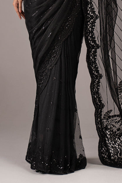 Black Embroidered Net Saree with Raw Silk Blouse & Petticoat