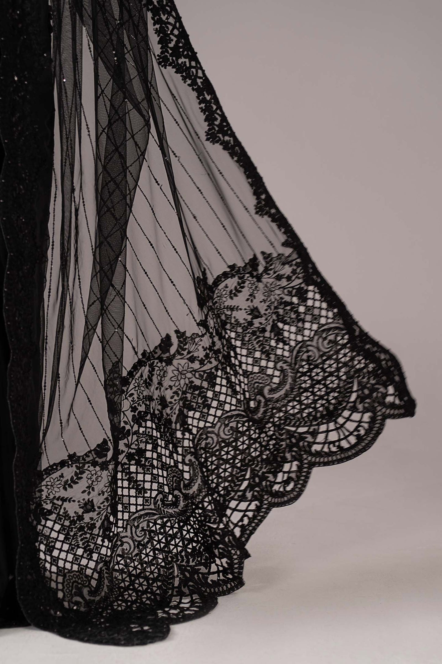 Black Embroidered Net Saree with Raw Silk Blouse & Petticoat