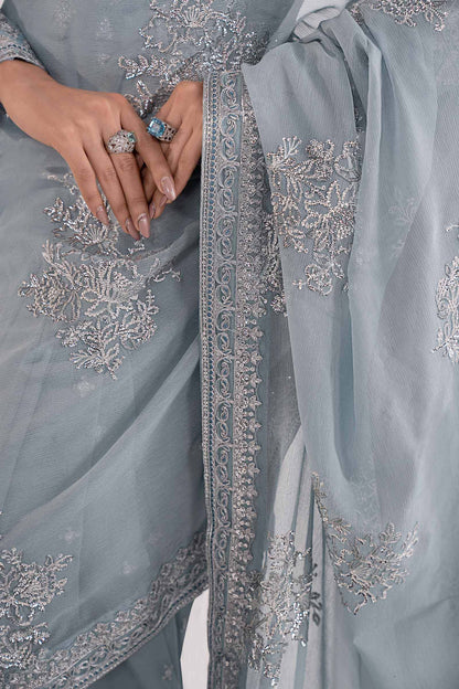 Sky Blue Embroidered Chiffon Saree with Blouse & Petticoat