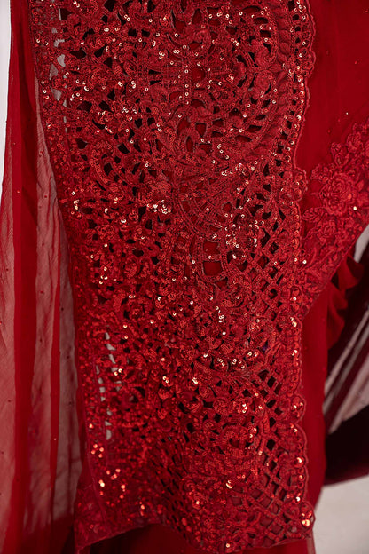 Red Embroidered Chiffon Saree with Organza Blouse & Petticoat