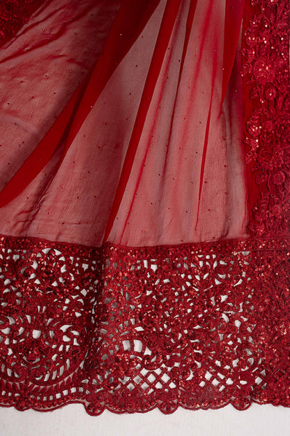 Red Embroidered Chiffon Saree with Organza Blouse & Petticoat