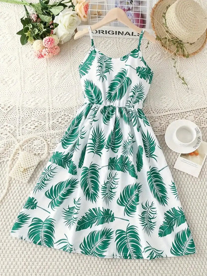 Girls Leaf Print Sleeveless Jumpsuit Casual Summer Beach Outfit