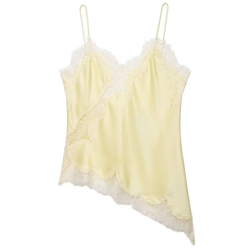 Women Y2K Asymmetrical Lace Satin Camisole Top Off Shoulder Backless Sexy Street Style