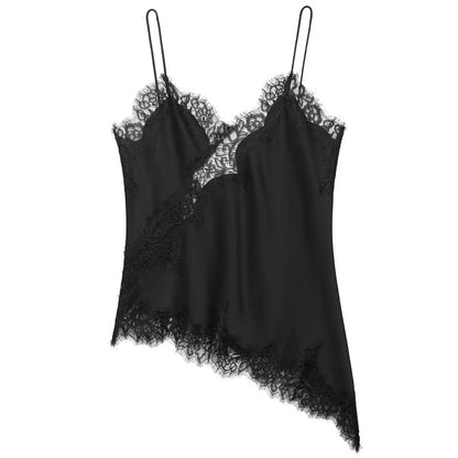 Women Y2K Asymmetrical Lace Satin Camisole Top Off Shoulder Backless Sexy Street Style