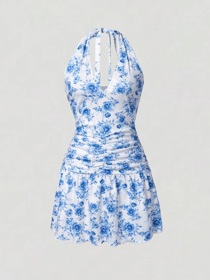 Women Floral Halter V Neck Ruched Mini Dress Boho Beach Vacation Dress