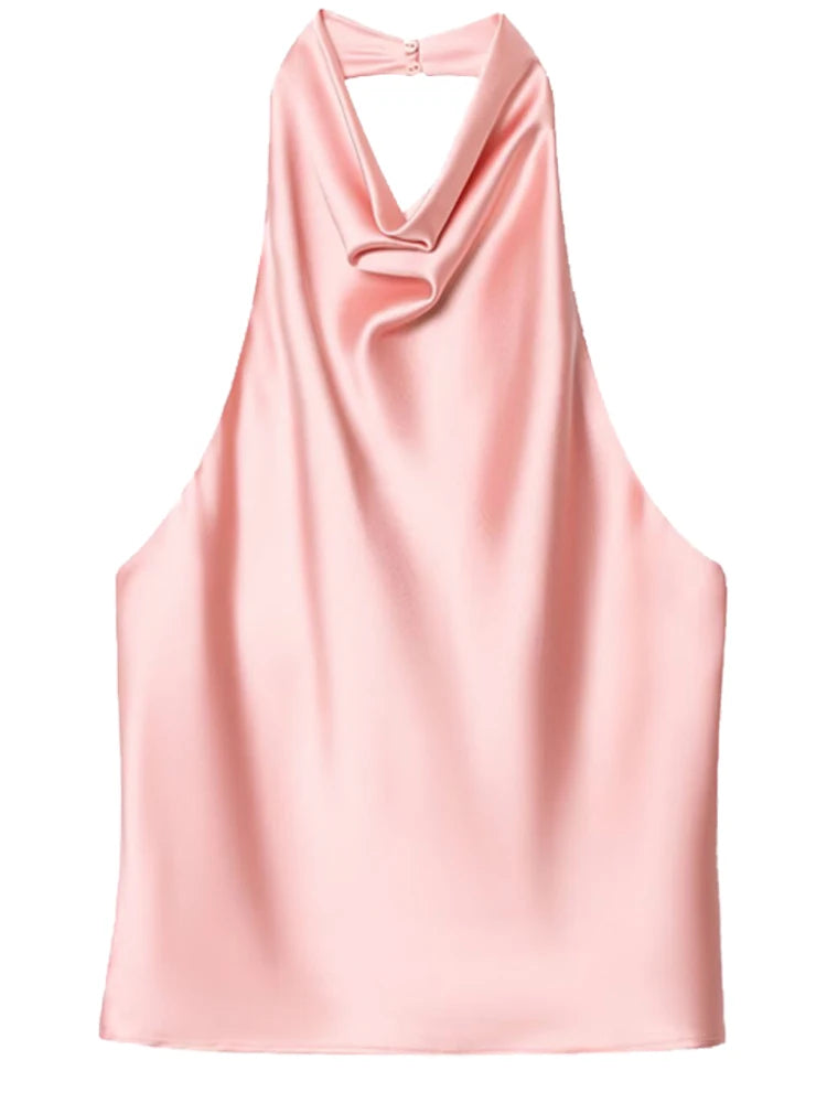 Women Halter Satin Corset Backless Tank Top Elegant Sexy Party Summer Vest