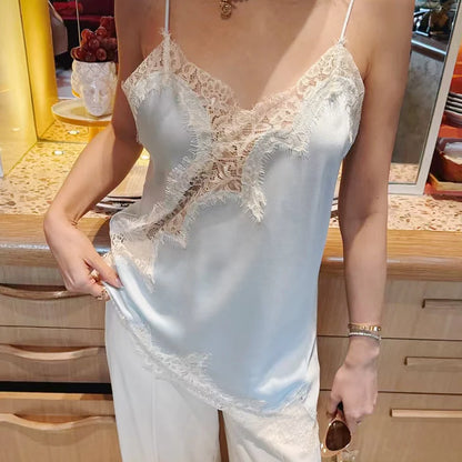 Women Y2K Asymmetrical Lace Satin Camisole Top Off Shoulder Backless Sexy Street Style