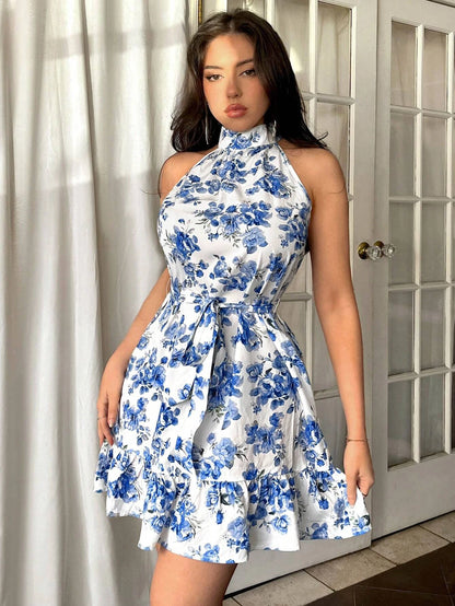 Women Floral Sleeveless Knee Length Dress Ruffle Hem Elegant Summer A-Line Dress