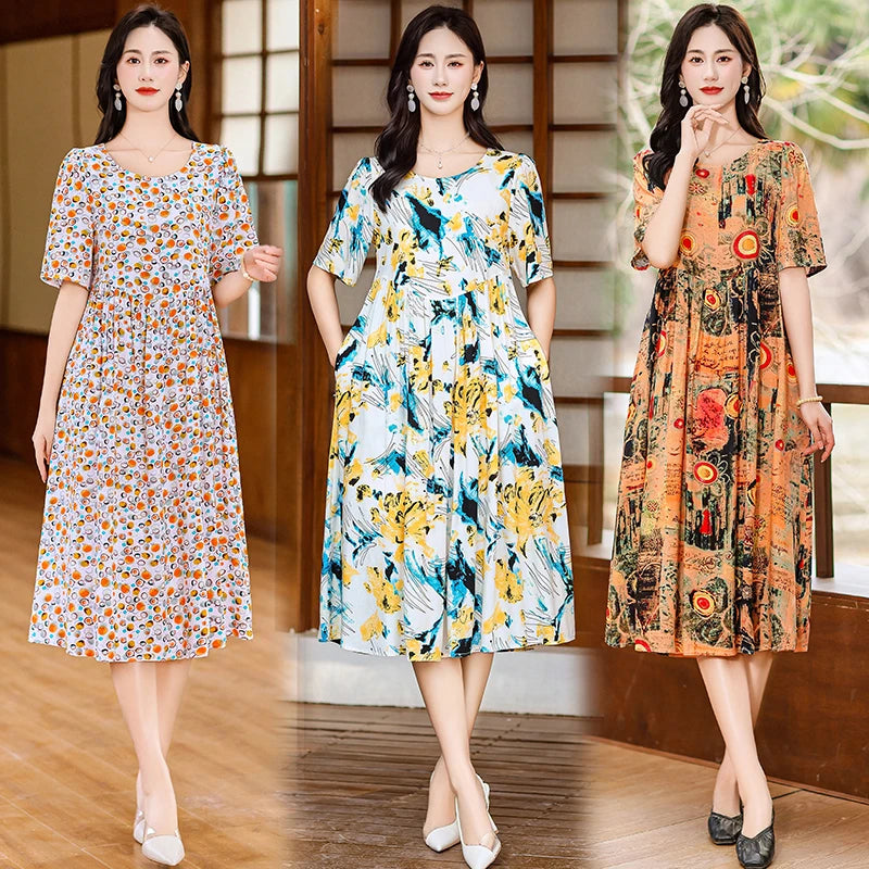 Women Boho Print Maxi Dress Casual Short Sleeve Summer Beach Dress