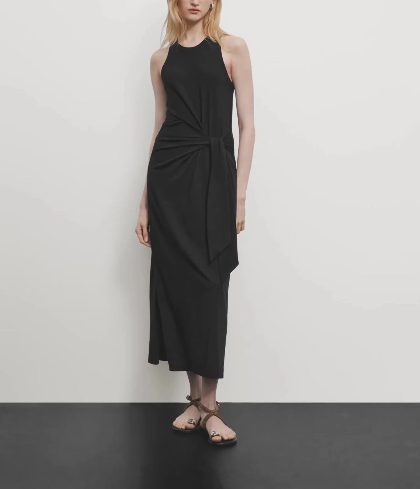 Women Minimalist Belted Waist Maxi Vest Dress Elegant Sleeveless Summer Gown