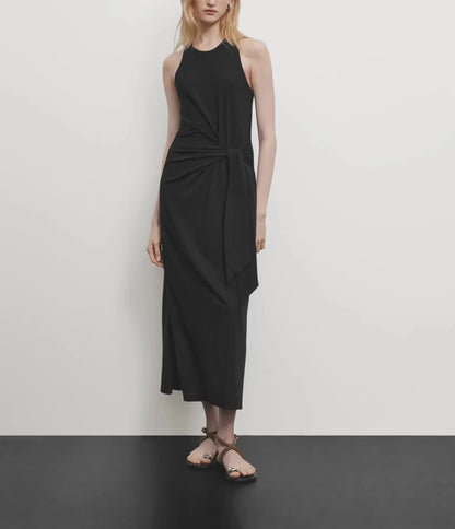 Women Minimalist Belted Waist Maxi Vest Dress Elegant Sleeveless Summer Gown