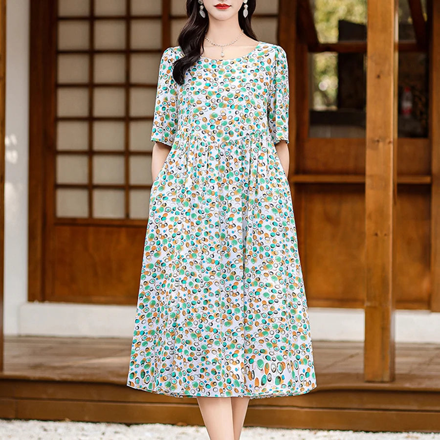 Women Boho Print Maxi Dress Casual Short Sleeve Summer Beach Dress