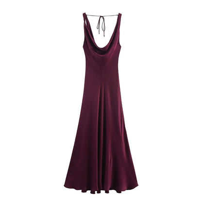 Women Satin V Neck Backless Midi Dress Elegant Lace Up Summer Vacation Dress