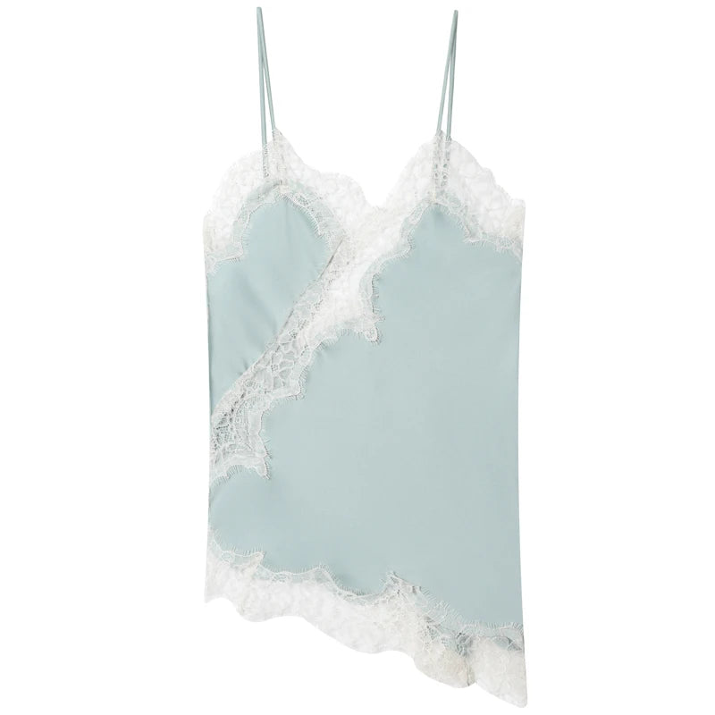 Women Y2K Asymmetrical Lace Satin Camisole Top Off Shoulder Backless Sexy Street Style