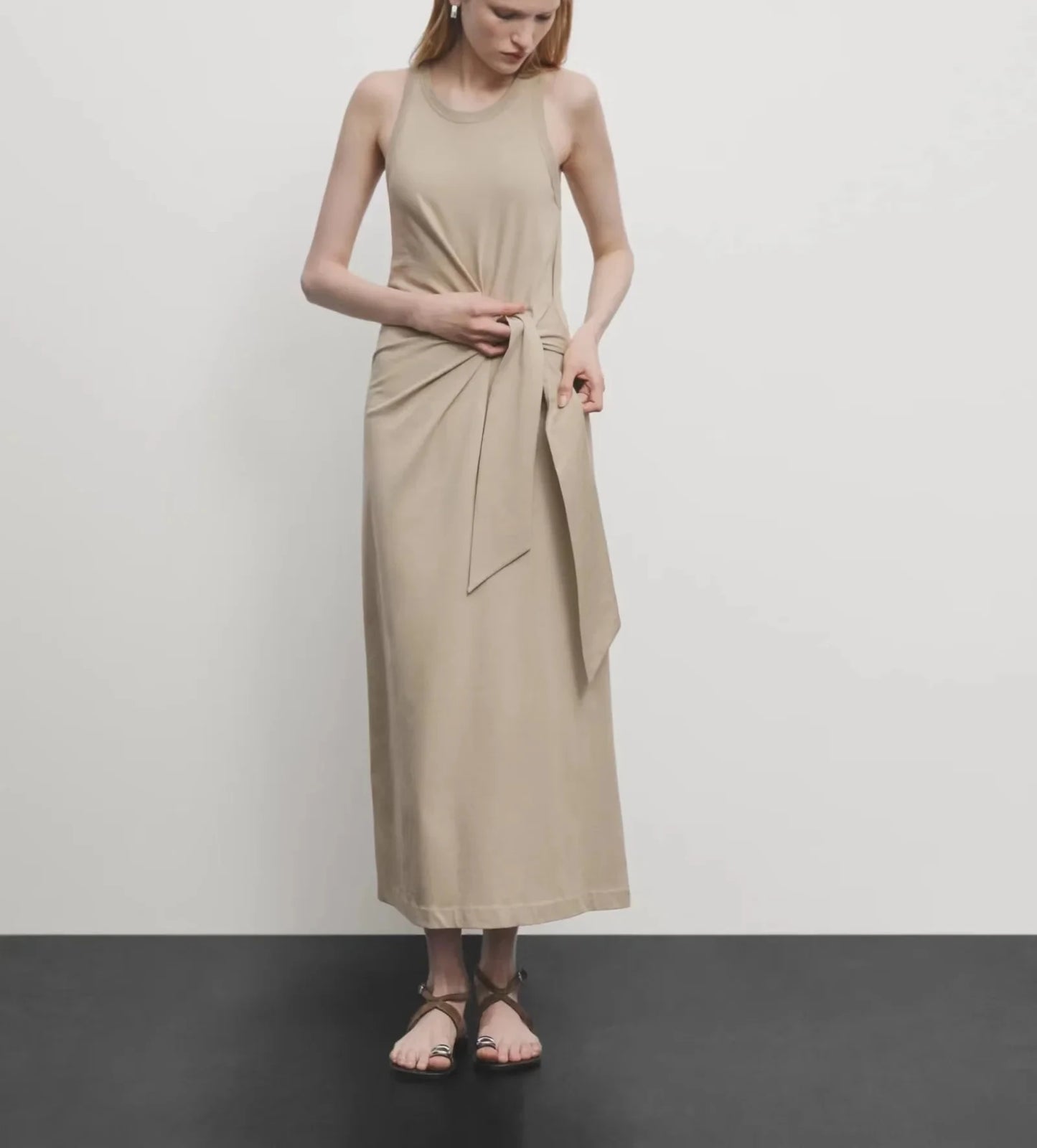 Women Minimalist Belted Waist Maxi Vest Dress Elegant Sleeveless Summer Gown