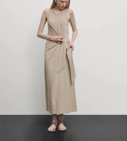 Women Minimalist Belted Waist Maxi Vest Dress Elegant Sleeveless Summer Gown