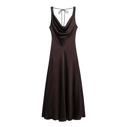 Women Satin V Neck Backless Midi Dress Elegant Lace Up Summer Vacation Dress