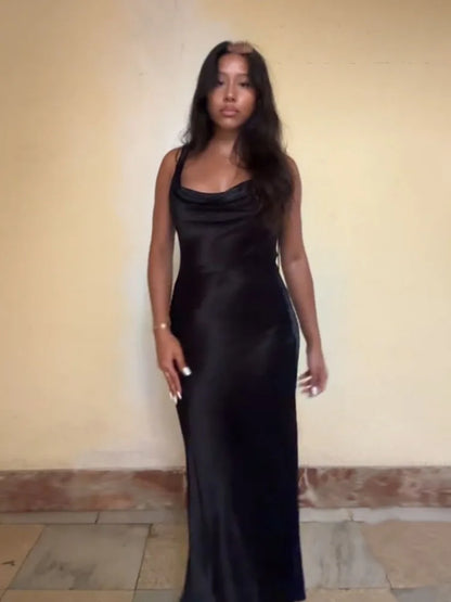 Women Satin V Neck Backless Midi Dress Elegant Lace Up Summer Vacation Dress