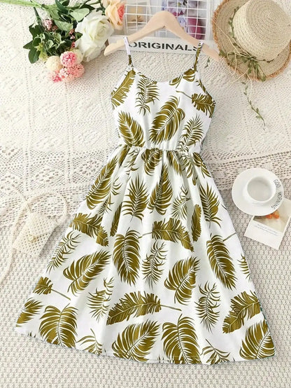 Girls Leaf Print Sleeveless Jumpsuit Casual Summer Beach Outfit